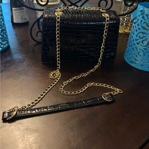 Black Croc-Embossed Bag with Gold Chain